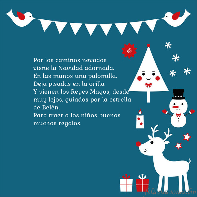 Tarjeta con alces, pájaros y árbol de Navidad Por los caminos nevados
viene la Navidad adornada. Tarjeta con alces, pájaros y árbol de Navidad