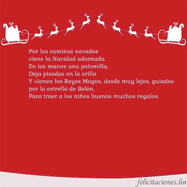 Postal roja con ciervos Por los caminos nevados
viene la Navidad adornada. Postal roja con ciervos