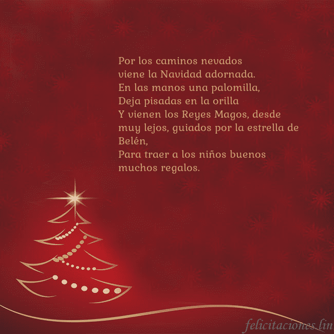 Tarjeta de Navidad roja con árbol de Navidad dorado Por los caminos nevados
viene la Navidad adornada. Tarjeta de Navidad roja con árbol de Navidad dorado