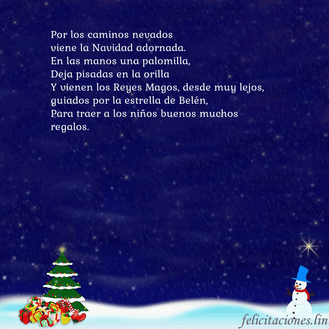 Tarjeta de felicitación con un muñeco de nieve, un árbol de Navidad y regalos Por los caminos nevados
viene la Navidad adornada. Tarjeta de felicitación con un muñeco de nieve, un árbol de Navidad y regalos