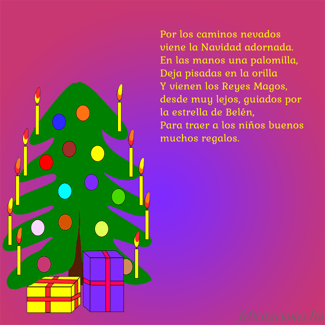 Tarjeta de felicitación brillante con un árbol de Navidad pintado Por los caminos nevados
viene la Navidad adornada. Tarjeta de felicitación brillante con un árbol de Navidad pintado