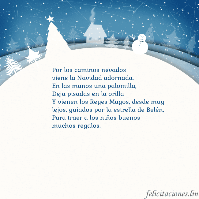 Tarjeta con ciudad blanca Por los caminos nevados
viene la Navidad adornada. Tarjeta con ciudad blanca
