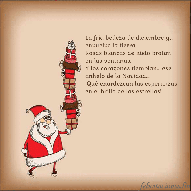 Tarjeta con Papá Noel y regalos La fría belleza de diciembre ya envuelve la tierra Tarjeta con Papá Noel y regalos