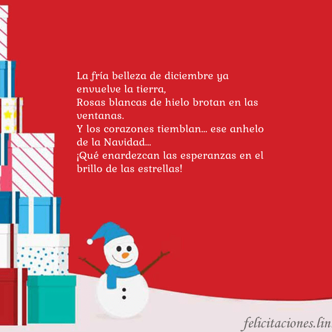Tarjeta con regalos y muñeco de nieve La fría belleza de diciembre ya envuelve la tierra Tarjeta con regalos y muñeco de nieve
