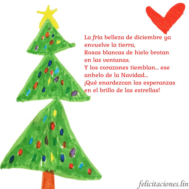 Tarjeta con un árbol de Navidad pintado y un corazón La fría belleza de diciembre ya envuelve la tierra Tarjeta con un árbol de Navidad pintado y un corazón