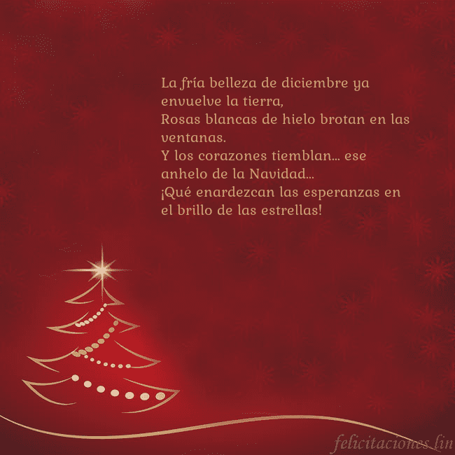 Tarjeta de Navidad roja con árbol de Navidad dorado La fría belleza de diciembre ya envuelve la tierra Tarjeta de Navidad roja con árbol de Navidad dorado