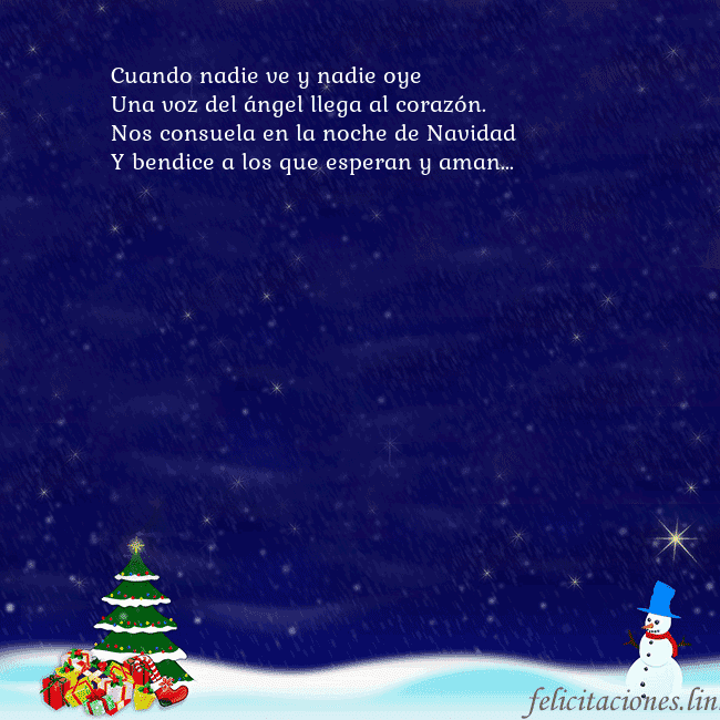 Tarjeta de felicitación con un muñeco de nieve, un árbol de Navidad y regalos Cuando nadie ve y nadie oye
Una voz del ángel lleg Tarjeta de felicitación con un muñeco de nieve, un árbol de Navidad y regalos