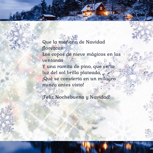 Tarjeta con copos de nieve y pueblo
Que la mañana de Navidad florezcan
Los copos de n Tarjeta con copos de nieve y pueblo