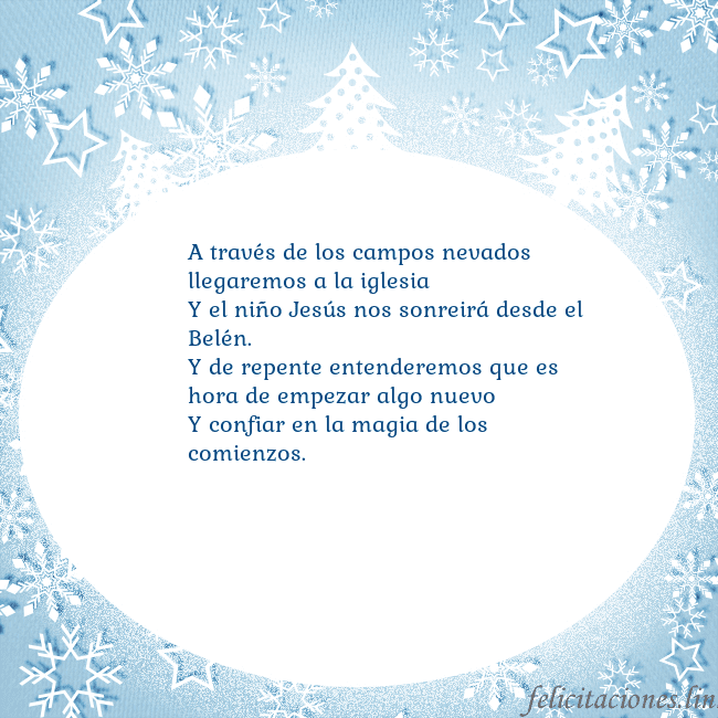 Tarjeta con abetos y copos de nieve A través de los campos nevados llegaremos a la igl Tarjeta con abetos y copos de nieve