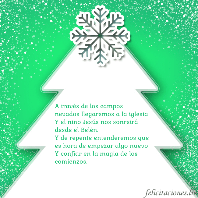 Tarjeta con un gran árbol de Navidad blanco sobre un fondo verde A través de los campos nevados llegaremos a la igl Tarjeta con un gran árbol de Navidad blanco sobre un fondo verde