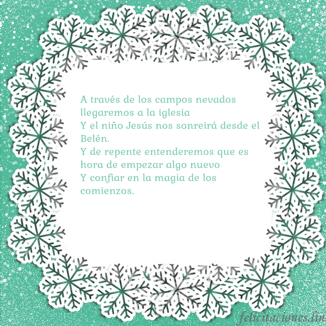 Tarjeta con copos de nieve A través de los campos nevados llegaremos a la igl Tarjeta con copos de nieve