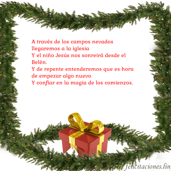 Tarjeta con ramas de abeto y regalo A través de los campos nevados llegaremos a la igl Tarjeta con ramas de abeto y regalo