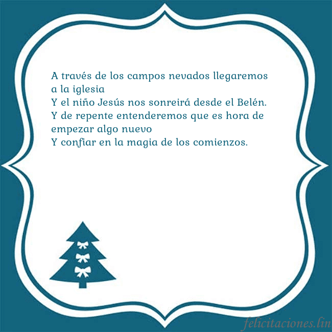 Tarjeta con un árbol de Navidad azul A través de los campos nevados llegaremos a la igl Tarjeta con un árbol de Navidad azul