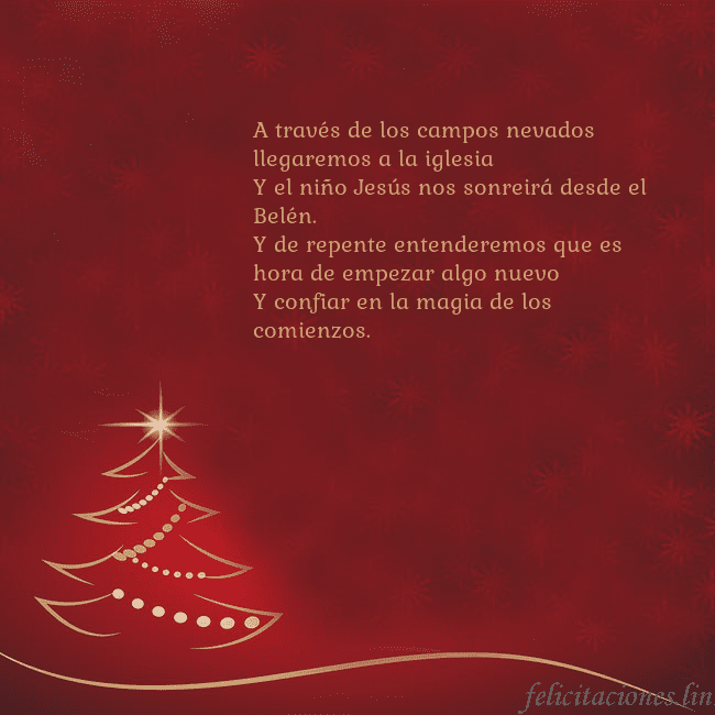 Tarjeta de Navidad roja con árbol de Navidad dorado A través de los campos nevados llegaremos a la igl Tarjeta de Navidad roja con árbol de Navidad dorado