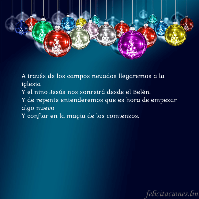 Tarjeta de felicitación azul con juguetes de árbol de Navidad A través de los campos nevados llegaremos a la igl Tarjeta de felicitación azul con juguetes de árbol de Navidad