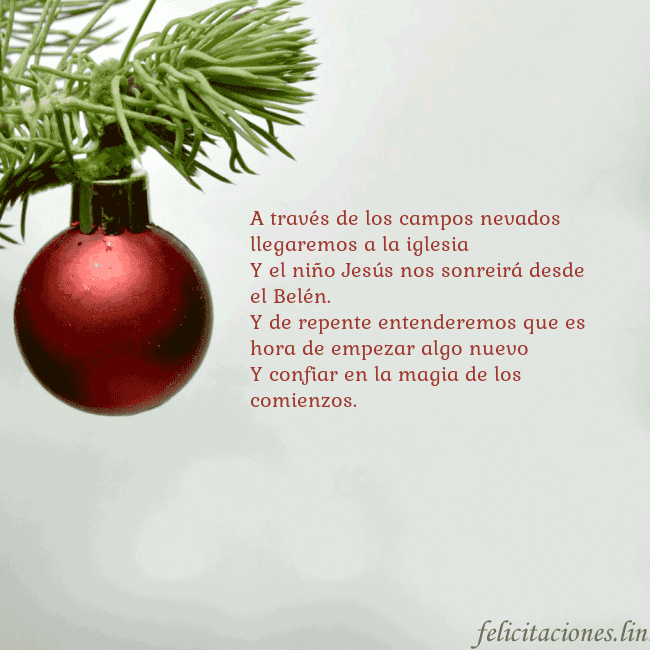 Tarjeta de felicitación con un juguete de árbol de Navidad rojo A través de los campos nevados llegaremos a la igl Tarjeta de felicitación con un juguete de árbol de Navidad rojo