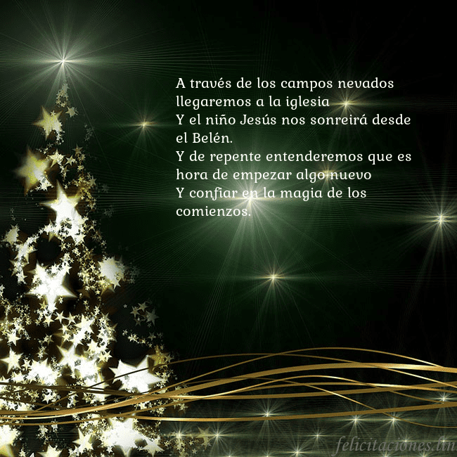 Tarjeta de Navidad verde con árbol dorado brillante A través de los campos nevados llegaremos a la igl Tarjeta de Navidad verde con árbol dorado brillante