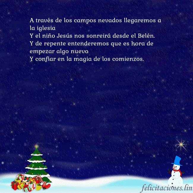 Tarjeta de felicitación con un muñeco de nieve, un árbol de Navidad y regalos A través de los campos nevados llegaremos a la igl Tarjeta de felicitación con un muñeco de nieve, un árbol de Navidad y regalos