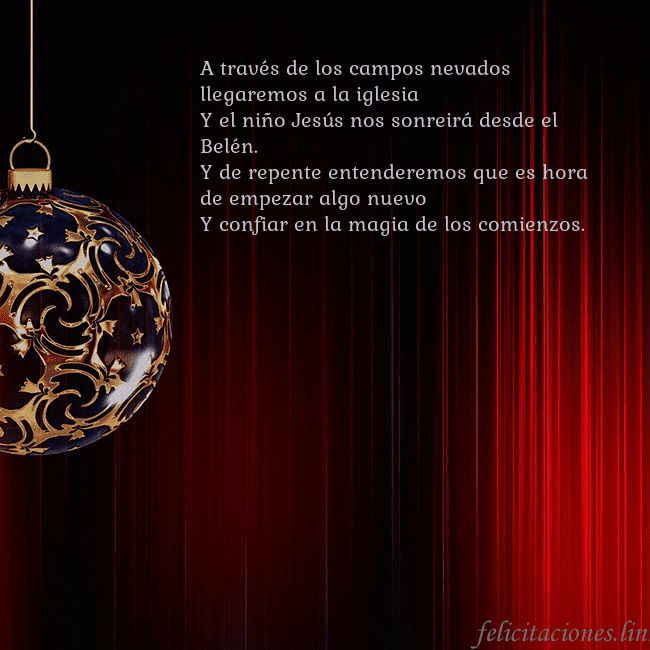 Tarjeta roja con un lujoso juguete de árbol de Navidad A través de los campos nevados llegaremos a la igl Tarjeta roja con un lujoso juguete de árbol de Navidad