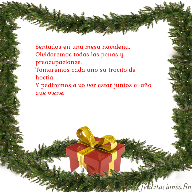 Tarjeta con ramas de abeto y regalo Sentados en una mesa navideña,
Olvidaremos todas l Tarjeta con ramas de abeto y regalo