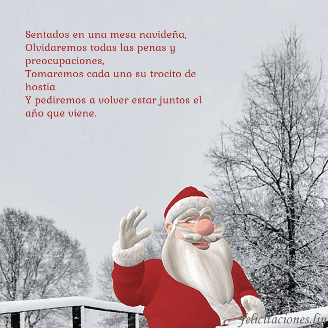Tarjeta de felicitación con Papá Noel y árboles cubiertos de nieve Sentados en una mesa navideña,
Olvidaremos todas l Tarjeta de felicitación con Papá Noel y árboles cubiertos de nieve