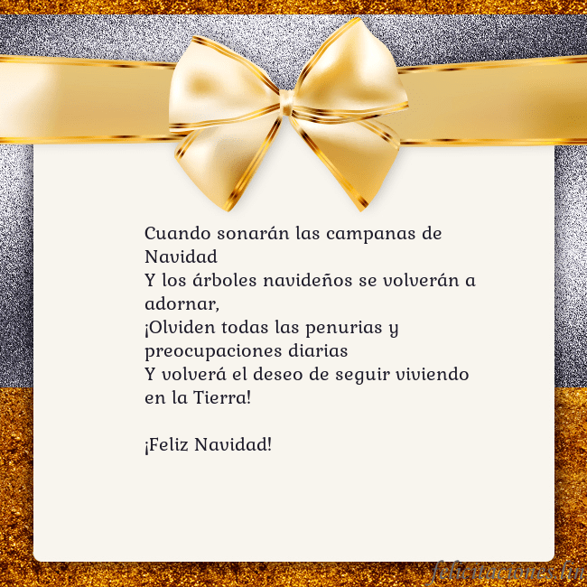 Tarjeta con una gran cinta dorada Cuando sonarán las campanas de Navidad
Y los árbol Tarjeta con una gran cinta dorada