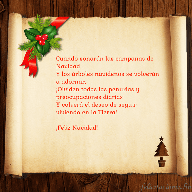 Tarjeta de Navidad sobre madera y pergamino Cuando sonarán las campanas de Navidad
Y los árbol Tarjeta de Navidad sobre madera y pergamino
