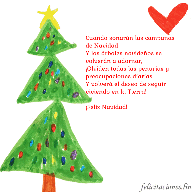 Tarjeta con un árbol de Navidad pintado y un corazón Cuando sonarán las campanas de Navidad
Y los árbol Tarjeta con un árbol de Navidad pintado y un corazón