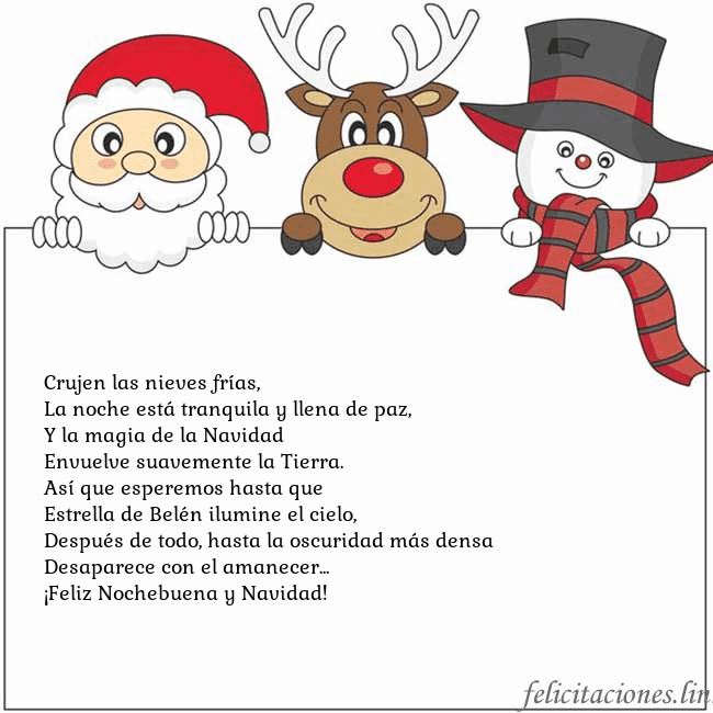 Tarjeta con santa claus, ciervos y monigote de nieve Crujen las nieves frías,
La noche está tranquila y Tarjeta con santa claus, ciervos y monigote de nieve