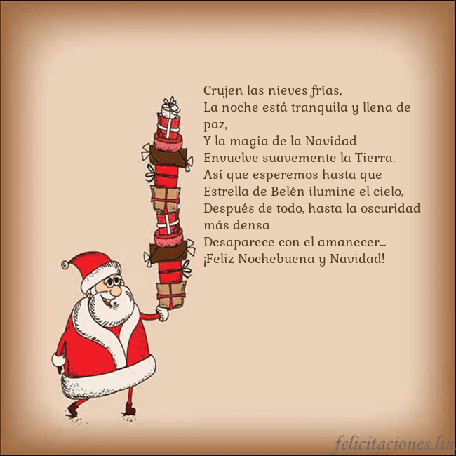 Tarjeta con Papá Noel y regalos Crujen las nieves frías,
La noche está tranquila y Tarjeta con Papá Noel y regalos