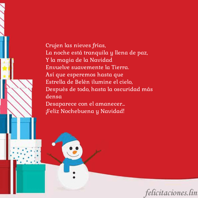 Tarjeta con regalos y muñeco de nieve Crujen las nieves frías,
La noche está tranquila y Tarjeta con regalos y muñeco de nieve
