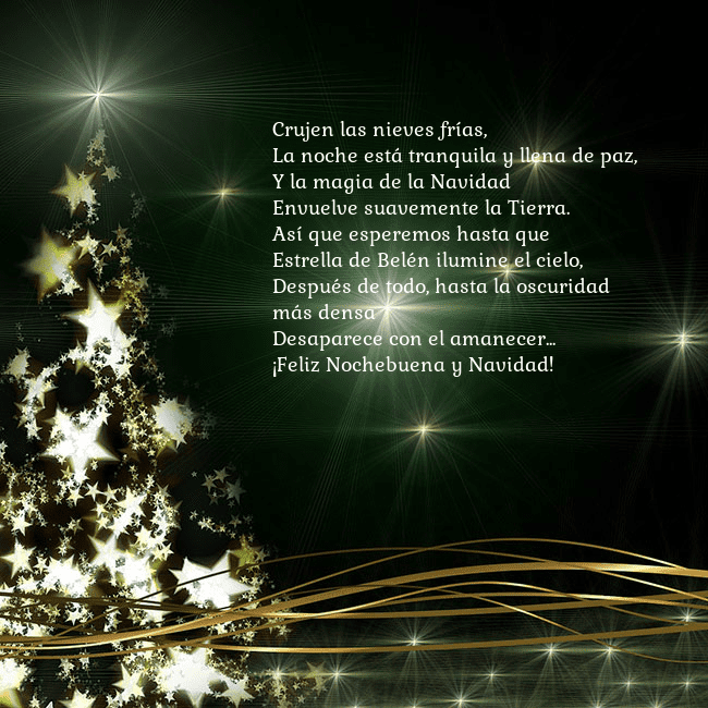Tarjeta de Navidad verde con árbol dorado brillante Crujen las nieves frías,
La noche está tranquila y Tarjeta de Navidad verde con árbol dorado brillante