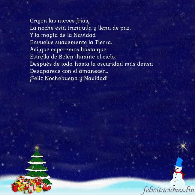Tarjeta de felicitación con un muñeco de nieve, un árbol de Navidad y regalos Crujen las nieves frías,
La noche está tranquila y Tarjeta de felicitación con un muñeco de nieve, un árbol de Navidad y regalos