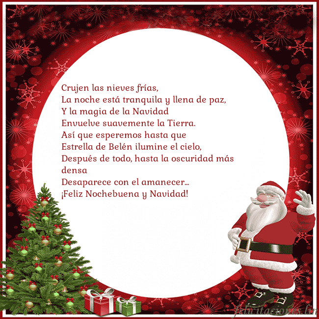 Tarjeta de felicitación con escarcha vieja y regalos Crujen las nieves frías,
La noche está tranquila y Tarjeta de felicitación con escarcha vieja y regalos