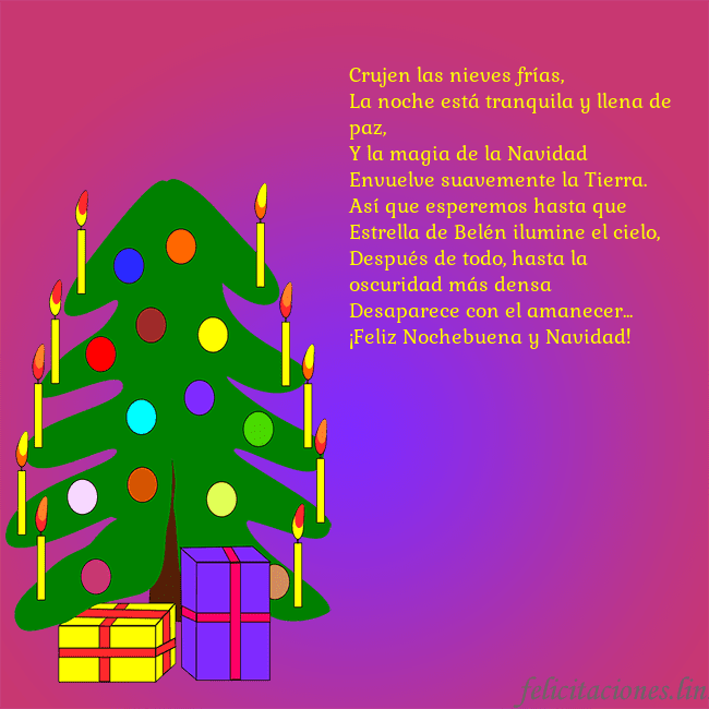 Tarjeta de felicitación brillante con un árbol de Navidad pintado Crujen las nieves frías,
La noche está tranquila y Tarjeta de felicitación brillante con un árbol de Navidad pintado