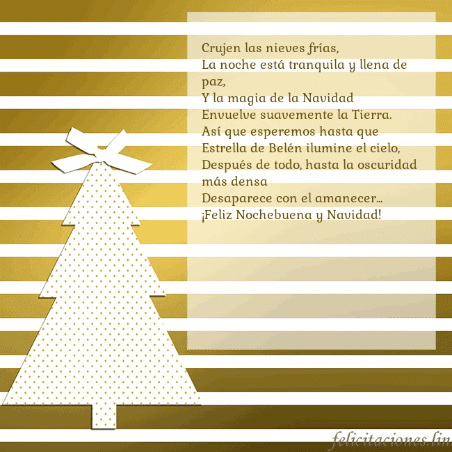 Tarjeta de felicitación de árbol de Navidad dorado brillante Crujen las nieves frías,
La noche está tranquila y Tarjeta de felicitación de árbol de Navidad dorado brillante