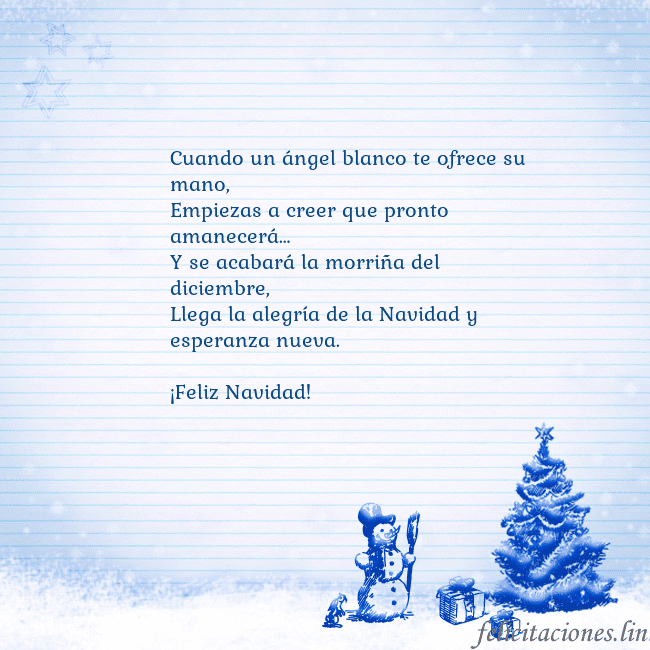 Tarjeta con un muñeco de nieve azul y un árbol de Navidad
