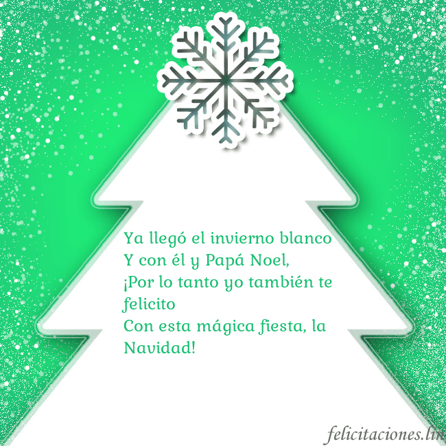 Tarjeta con un gran árbol de Navidad blanco sobre un fondo verde Ya llegó el invierno blanco
Y con él y Papá Noel,
Tarjeta con un gran árbol de Navidad blanco sobre un fondo verde