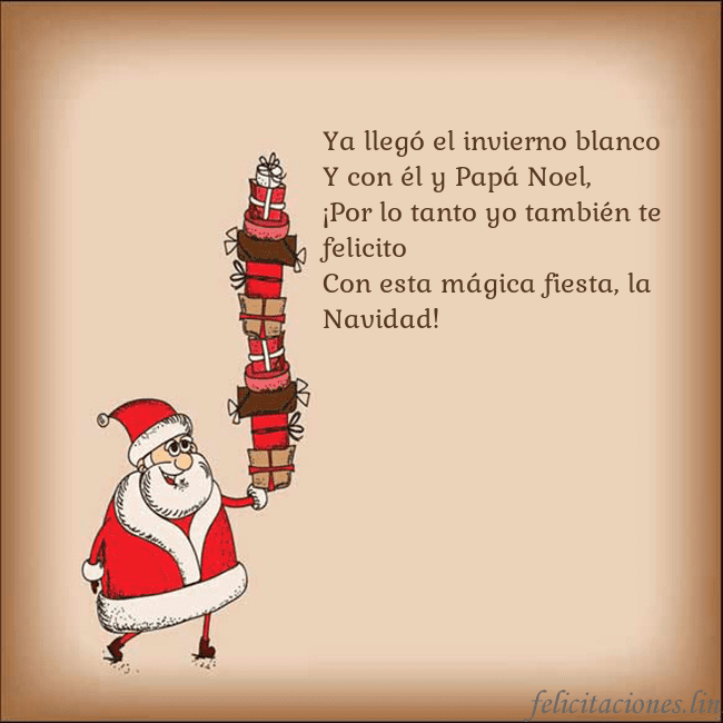 Tarjeta con Papá Noel y regalos Ya llegó el invierno blanco
Y con él y Papá Noel,
Tarjeta con Papá Noel y regalos