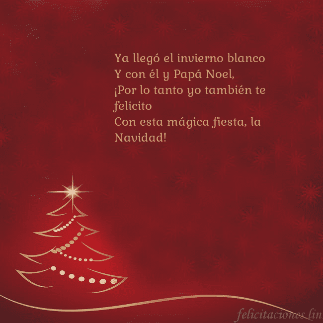 Tarjeta de Navidad roja con árbol de Navidad dorado Ya llegó el invierno blanco
Y con él y Papá Noel,
Tarjeta de Navidad roja con árbol de Navidad dorado