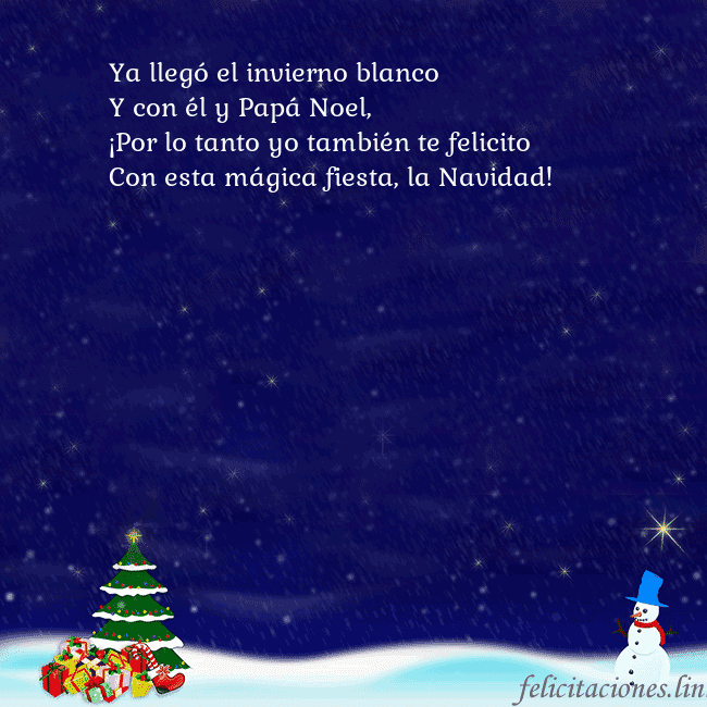Tarjeta de felicitación con un muñeco de nieve, un árbol de Navidad y regalos Ya llegó el invierno blanco
Y con él y Papá Noel,
Tarjeta de felicitación con un muñeco de nieve, un árbol de Navidad y regalos