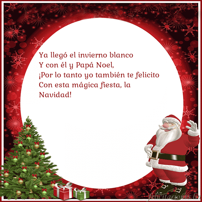 Tarjeta de felicitación con escarcha vieja y regalos Ya llegó el invierno blanco
Y con él y Papá Noel,
Tarjeta de felicitación con escarcha vieja y regalos