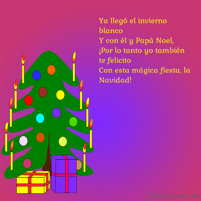 Tarjeta de felicitación brillante con un árbol de Navidad pintado Ya llegó el invierno blanco
Y con él y Papá Noel,
Tarjeta de felicitación brillante con un árbol de Navidad pintado