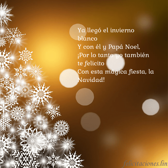 Tarjeta de felicitación con un árbol de Navidad hecho de copos de nieve Ya llegó el invierno blanco
Y con él y Papá Noel,
Tarjeta de felicitación con un árbol de Navidad hecho de copos de nieve