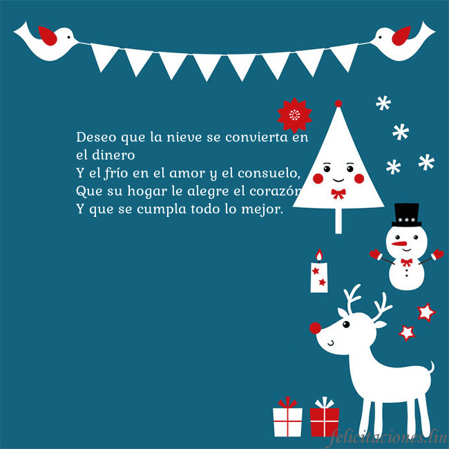 Tarjeta con alces, pájaros y árbol de Navidad Deseo que la nieve se convierta en el dinero
Y el  Tarjeta con alces, pájaros y árbol de Navidad