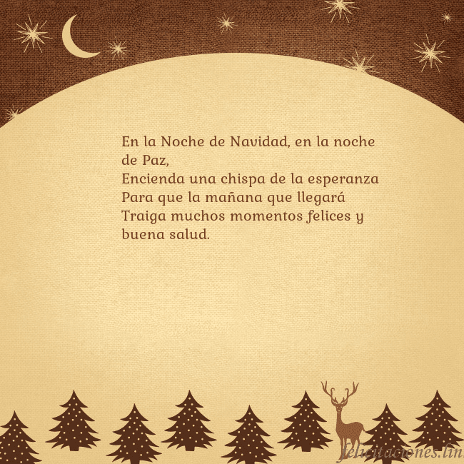 Tarjeta marrón con ciervos y abetos En la Noche de Navidad, en la noche de Paz,
Encien Tarjeta marrón con ciervos y abetos