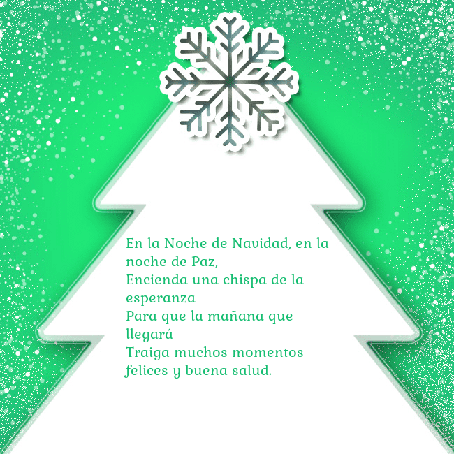 Tarjeta con un gran árbol de Navidad blanco sobre un fondo verde En la Noche de Navidad, en la noche de Paz,
Encien Tarjeta con un gran árbol de Navidad blanco sobre un fondo verde