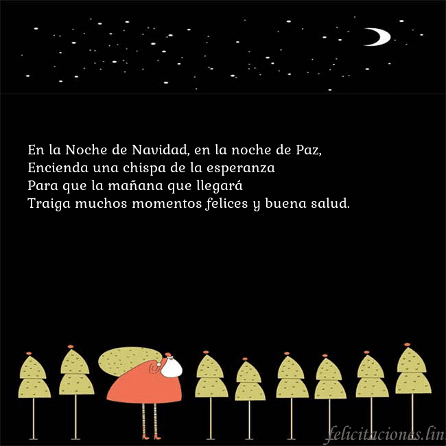 Tarjeta con Papá Noel y árboles de Navidad En la Noche de Navidad, en la noche de Paz,
Encien Tarjeta con Papá Noel y árboles de Navidad