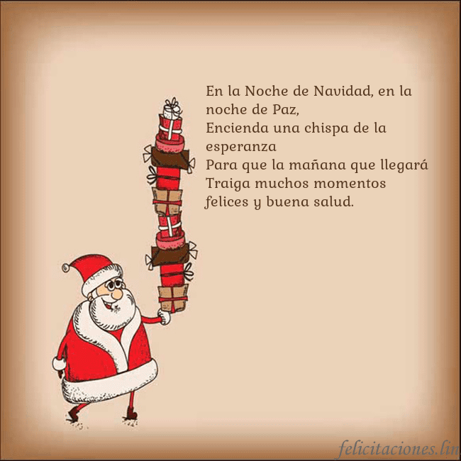 Tarjeta con Papá Noel y regalos En la Noche de Navidad, en la noche de Paz,
Encien Tarjeta con Papá Noel y regalos