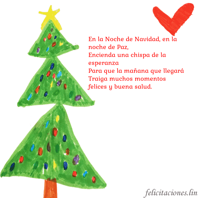 Tarjeta con un árbol de Navidad pintado y un corazón En la Noche de Navidad, en la noche de Paz,
Encien Tarjeta con un árbol de Navidad pintado y un corazón